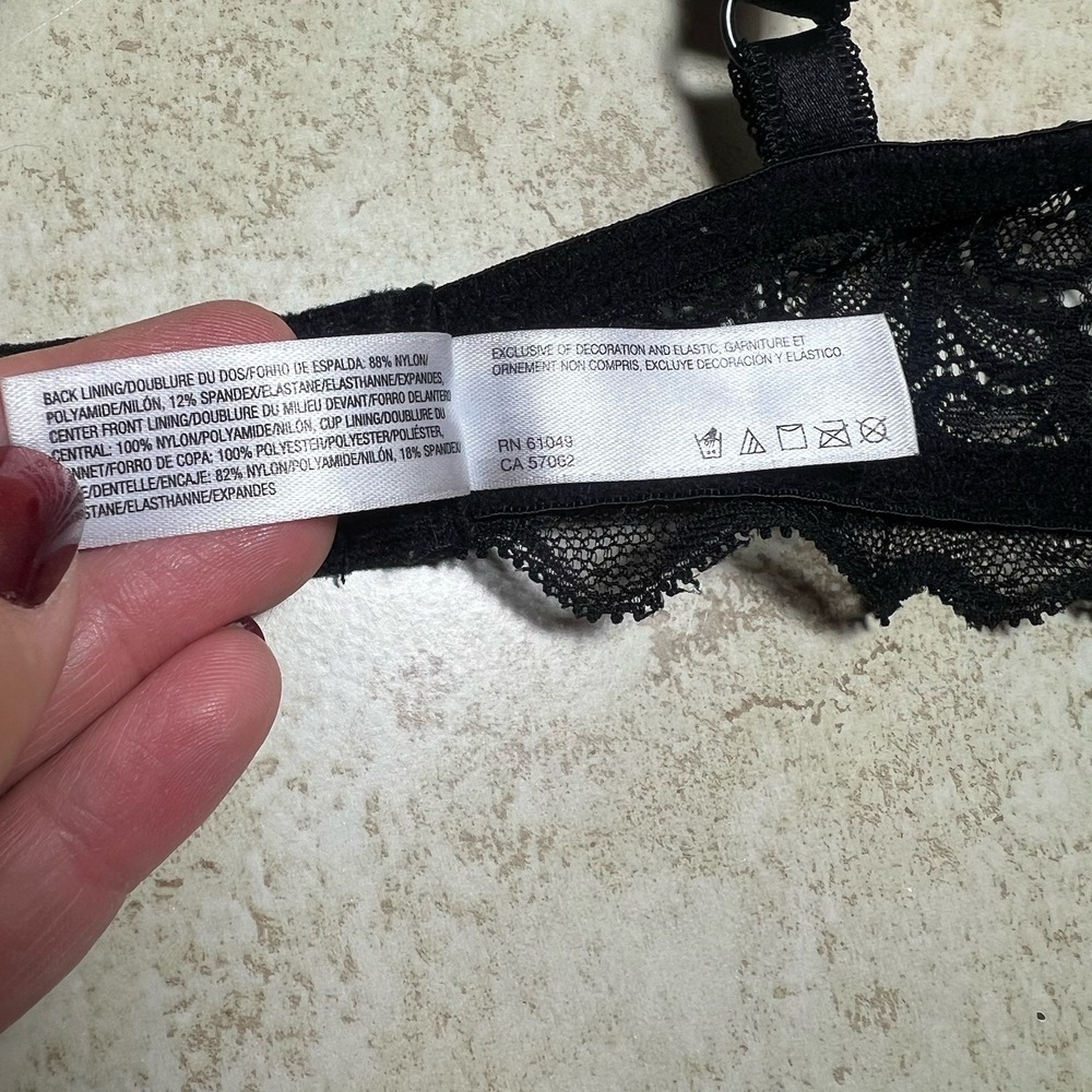 b.Tempted Wacoal Black Lace Bra 34C Floral Underwire Balconette Lined Bow Mesh - Picture 8 of 9